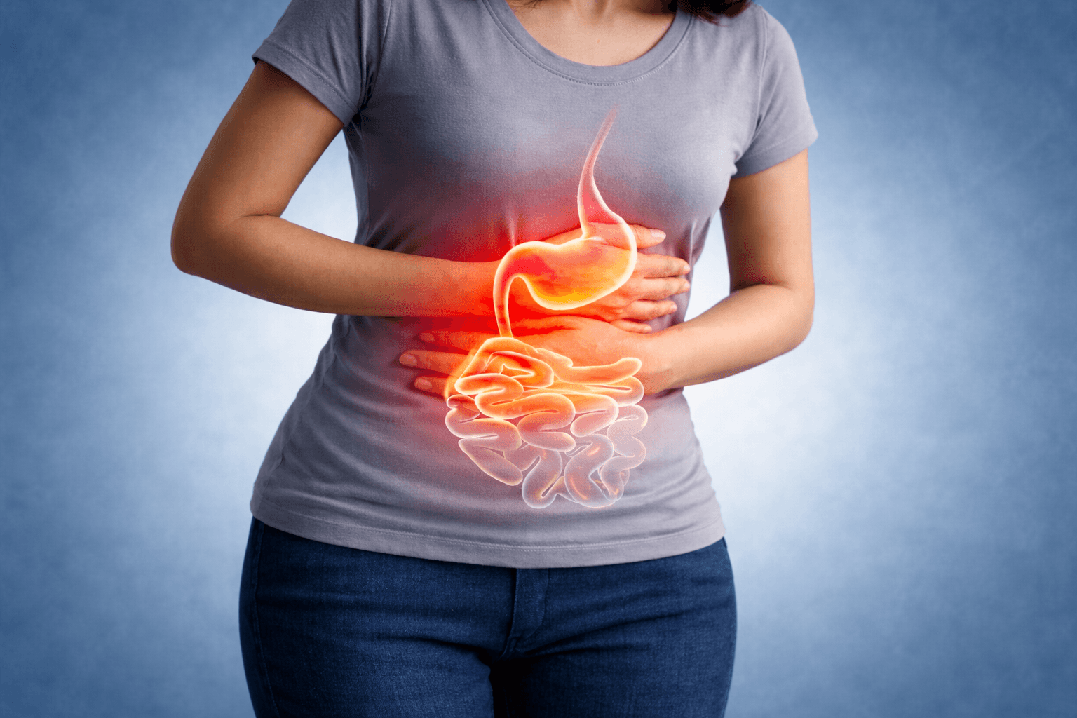 Scientific 3D illustration of human digestive system and gut microbiome balance, highlighting intestines with red glowing pain representing bloating for relief