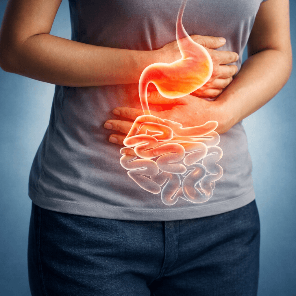 Illustration of a person with glowing red abdominal pain, stomach discomfort, bloating, and intestines highlighting gut microbiome health problems