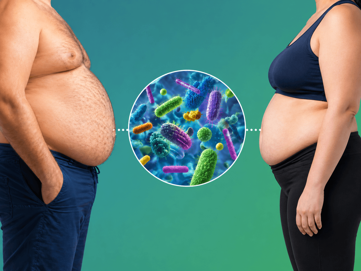 Conceptual representation of the human gut microbiome influencing metabolism and body weight, high-tech science aesthetic.