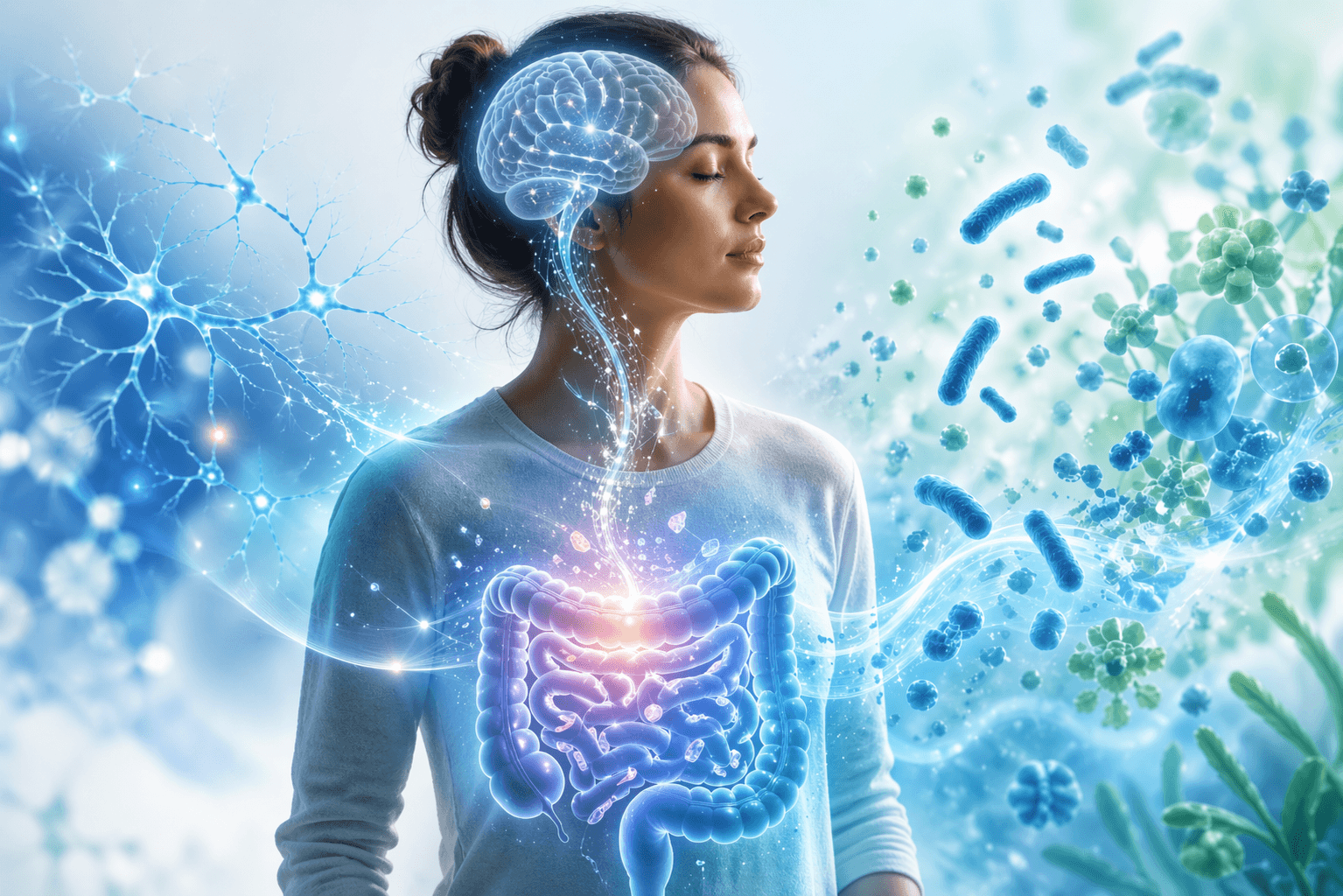 High-tech scientific visualization of a woman with a glowing brain and gut microbiome connection, representing the psychobiotic link between intestines and mental clarity.