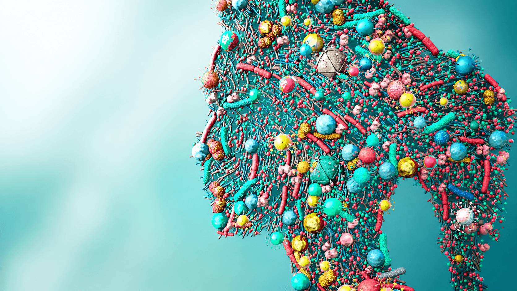 Microscopic view of gut bacteria flora and the action of BiomoCare probiotic strains for microbiome balance.