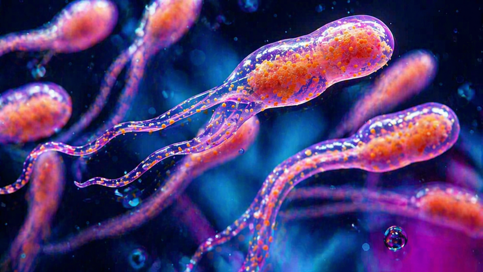 Scientific 3D visualization of the interaction between male reproductive cells and beneficial probiotic bacteria, high-tech medical aesthetic.