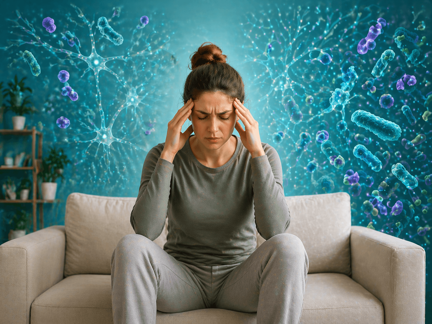 Digital visualization of a woman on a sofa with headache, visualizing neuronal cells and diverse gut bacteria colony representing the human microbiome ecosystem and health in a high-tech style